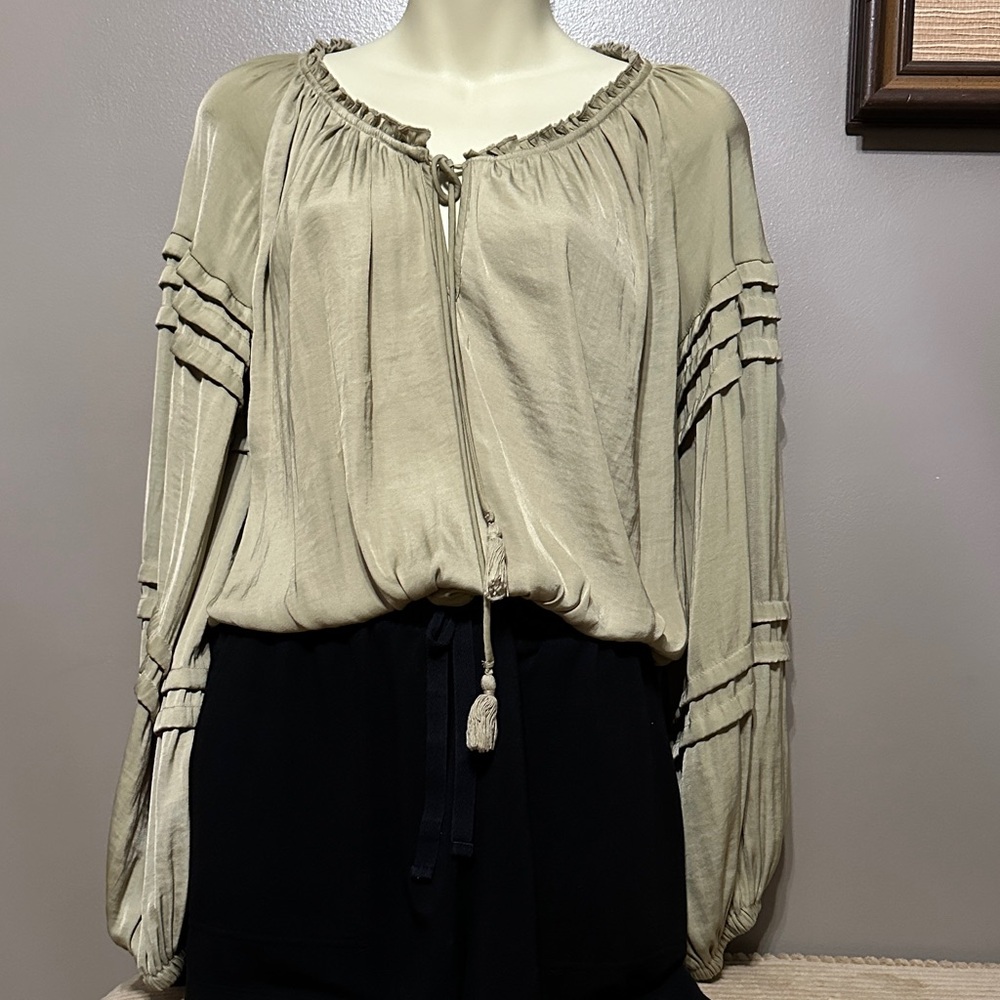 Free People All Tucks Bodysuit with Tassel Tie & Balloon Sleeves XS green